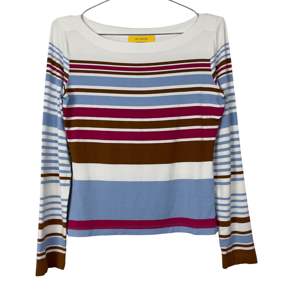 St. John Striped Long Sleeve Boat Neck Top Small Multicolor Casual Designer